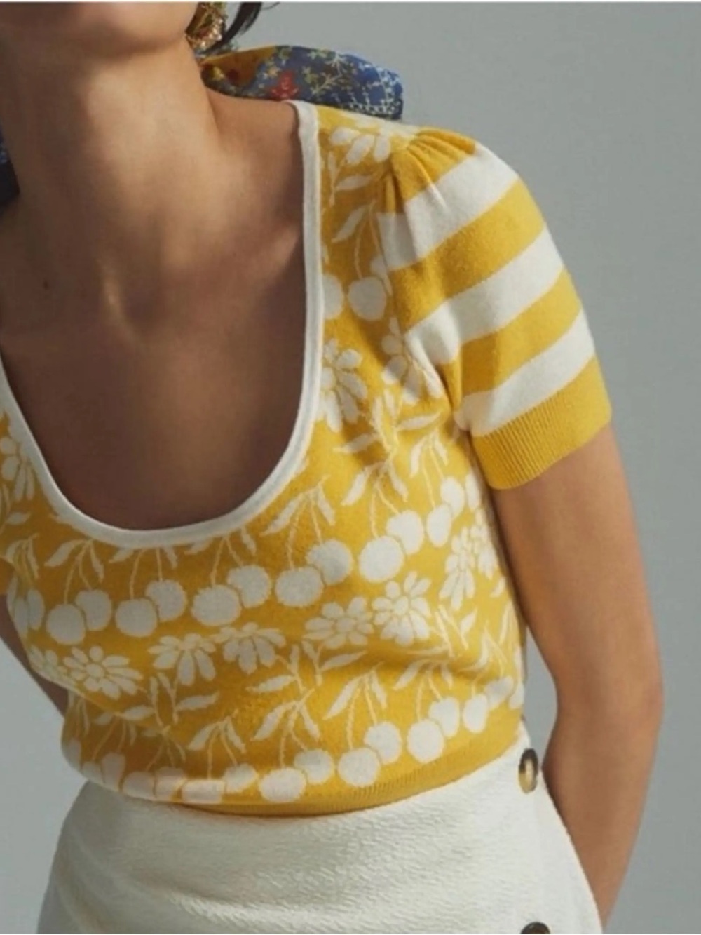 Anthropologie Yellow and White Floral Jacquard Scoop-Back Knit Top